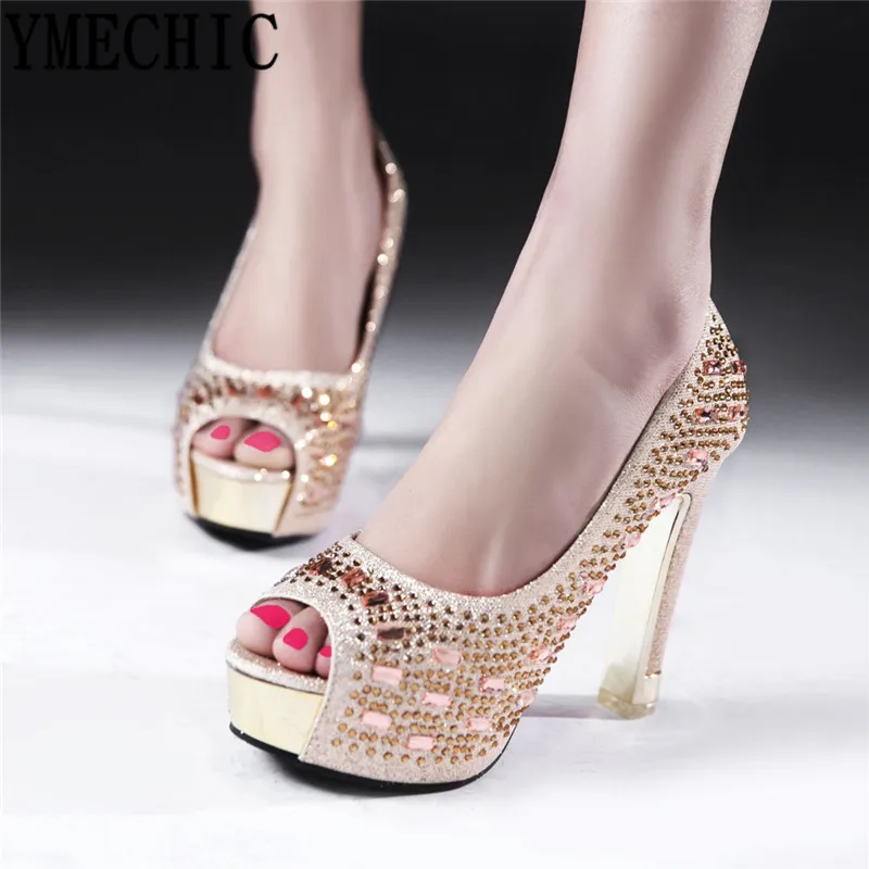 

2019 New Spring Peep Toe Silver Gold High Heels Party Wedding Shoes Crystal Rhinestone Bling Platform Pumps Women Shoes