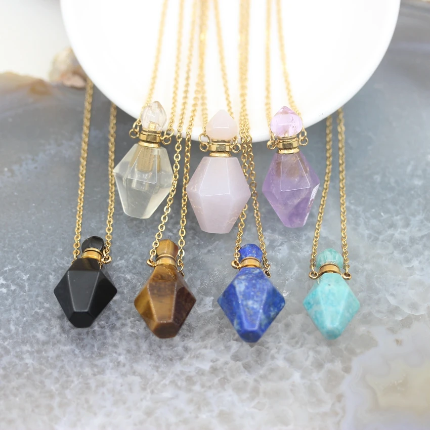 

Plated Gold Chains Natural Gems stone Perfume Bottle Pendant Necklace,Faceted Crystal Rhombus Essential Oil Diffuser Vial Charms