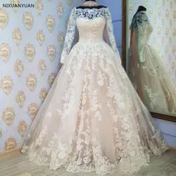 Robe De Mariage кружевные свадебные платья с длинными рукавами длиной до пола трапециевидные Свадебные платья Тюль с открытыми плечами Свадебные