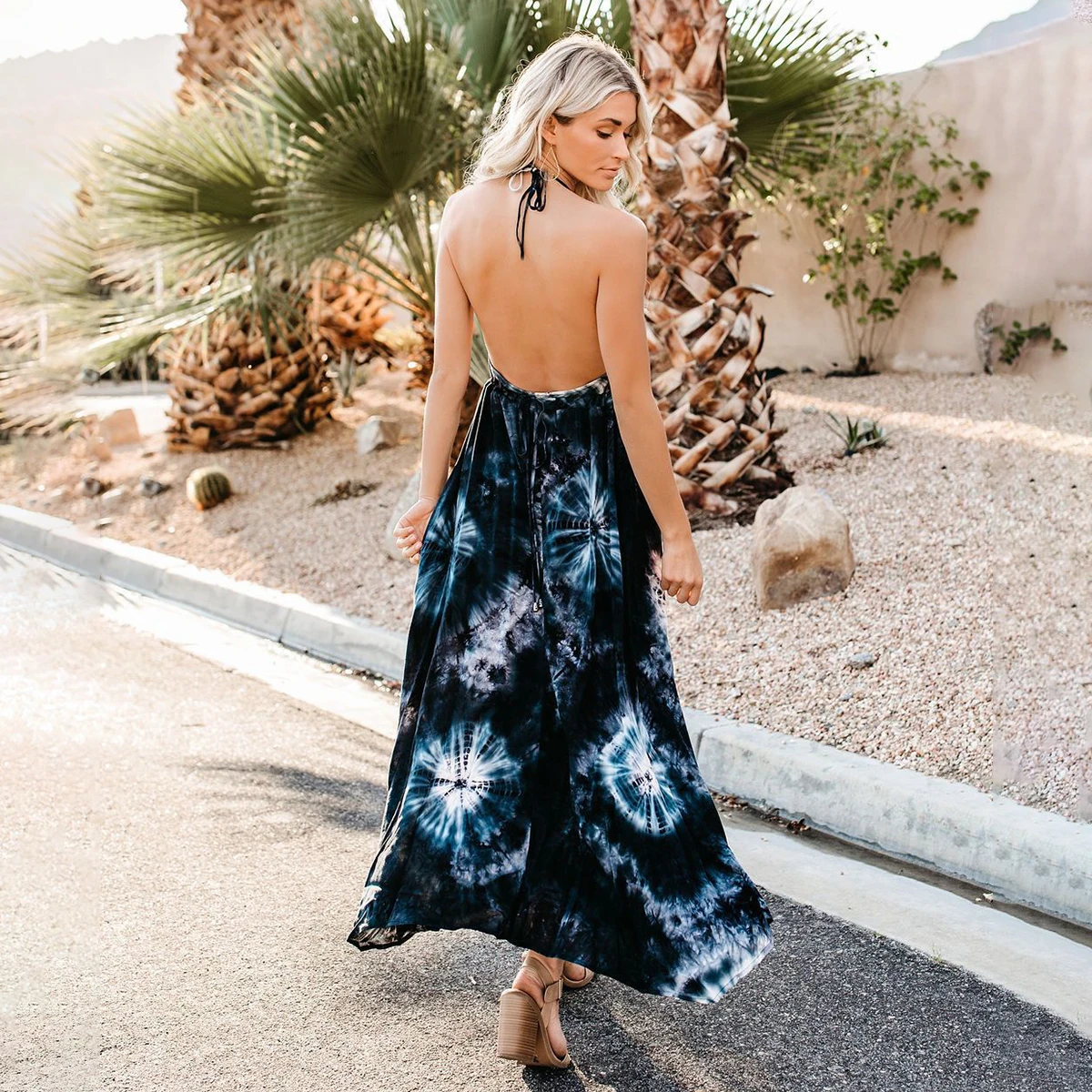 

Jastie Summer Backless Sexy Floral Printed Maxi Dress V Neck Vintage Vestidos Irregular Hem Beach Boho Casual Halter Dress Women