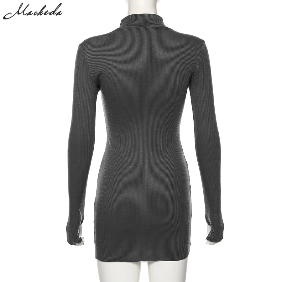 Macheda Autumn Winter Stretch Slim Soft Ribbed Knitted Turtleneck Dress Woman Fashion Solid Black Casual Bodycon Zip Dress