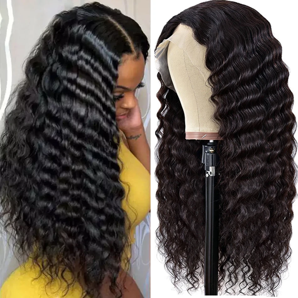 Spark Lace Frontal Wig Natural Black Peruvian Deep Wave T Part Pre Plucked Black Women Lace Front Wig Bob Human Hair Wigs Remy