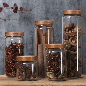 

Wood Lid Glass Airtight Canister Kitchen Storage Bottles Jars Food Container Grains Tea Coffee Beans Grains Candy Jar Containers