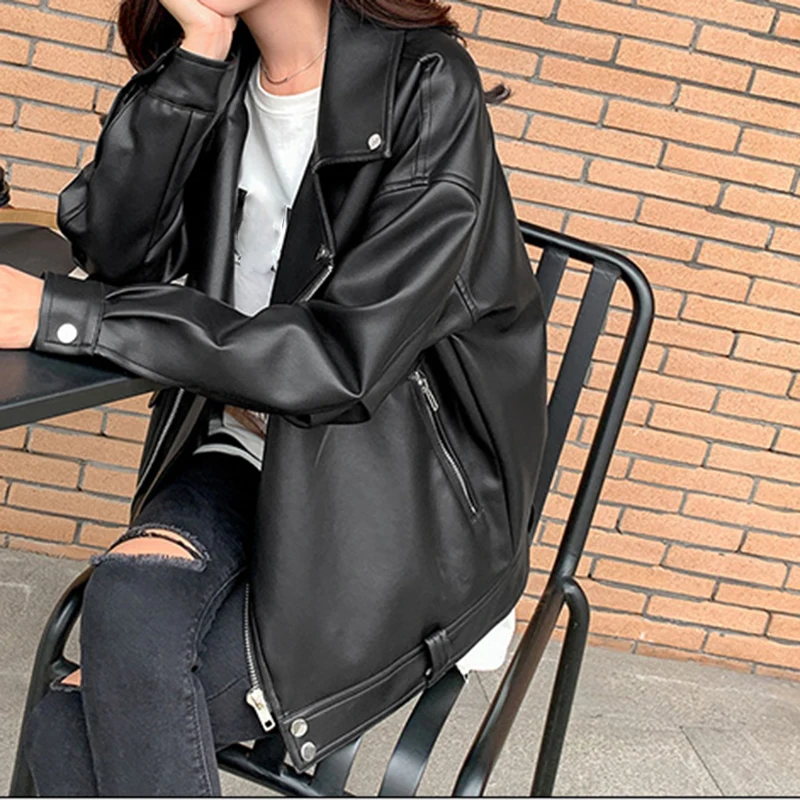 цена black Faux Leather Jacket Women PU Motorcycle Jackets Coat Korean Autumn winter fall jackets for women 2024 new fashion elegant