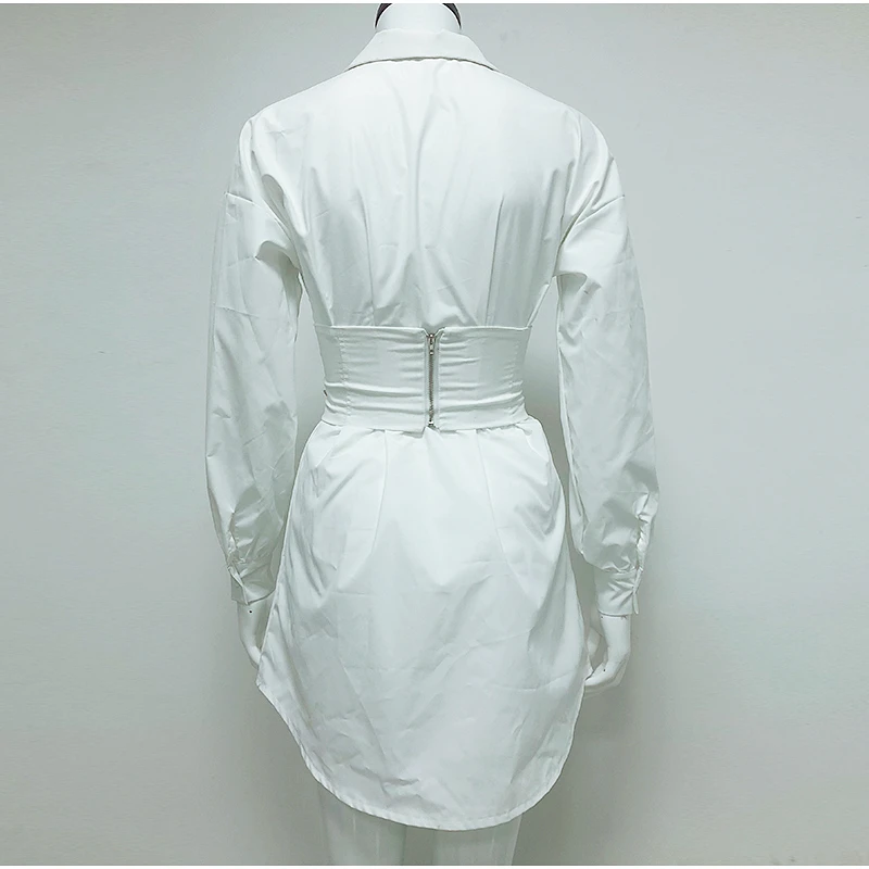 NewAsia White Shirt Dress Women Long Lantern Sleeve Turn-down Collar Casual Dress With Corset Belt Sexy Office Ladies Clothing