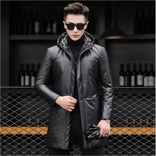 

Free shipping.2020 new soft sheepskin jacket.winter warm men 80% white duck down coat.long genuine leather outwear.sales