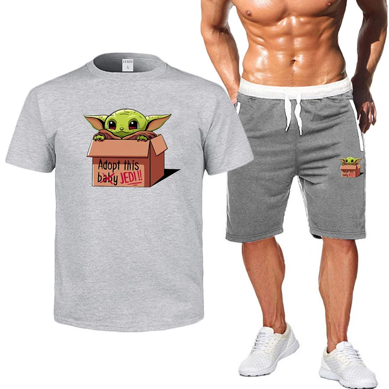 Hot Product Olevo Short Sleeve Sweatsuits Jogger Suit Mens Star War Yoda Baby Printed Tracksuit Shorts Sweatpants Gym Sportswear 2 Piece Set