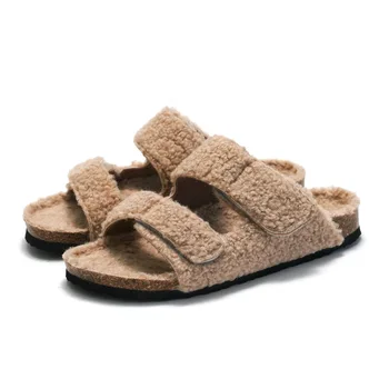 Sandalias de corcho de piel de oveja para mujer, zapatos informales de cuero genuino con hebilla sólida, Sandalias de otoño, nuevas, 2021