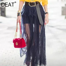 DEAT черная высокая талия с поясом прострочка Кружева Тюль полупрозрачная Женская юбка Милая универсальная простая Мода зима TD211