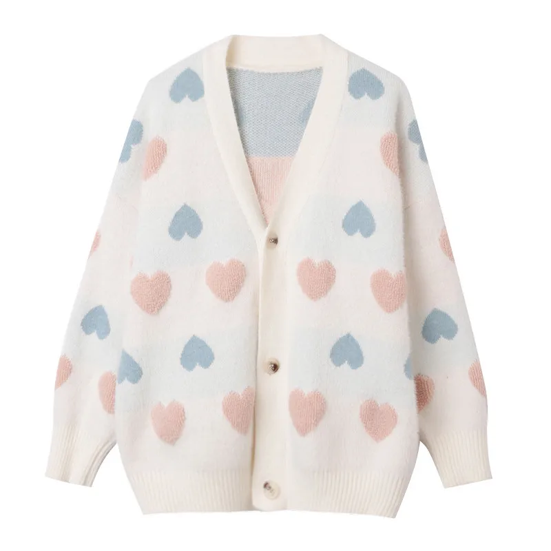Cute Women Knitted Sweater Coat Outerwear Cardigan Multicolored Heart Shape Loose Thermal Fashion Autumn Girls Jumper Coat Tops