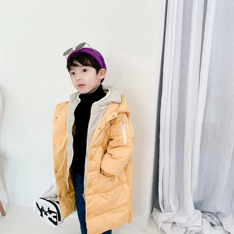 

Children's Down Jacket Long Boys Girls Autumn Winter Solid Color Coats Fake 2-piece Kids Hooed Wamr Down Jacket