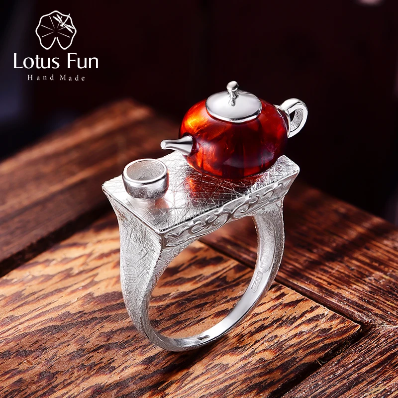 

Lotus Fun 925 Sterling Silver Amber Natural Stone Ring Teapot Geometric Jewelry Size 6.5 7.5 Valentines Day Gift for Girlfriend