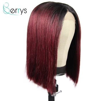 

Berryshair Malaysian Short Straight Bob T Part Lace Front Human Hair Wig T1b/99j Swiss Lace Women's Wig Remy Hair Free Shipping