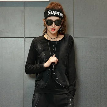 

2020 Fall Trend Tees For Women Long Sleeve O Neck Female Black Cotton Hoodies With Fake Button Streetwear Tops A81Z40