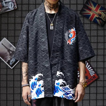 

2020 men japanese pajamas kimono yukata japanese kimono mujer koi print samurai kimono femme Japanese Streetwear Men Jacket
