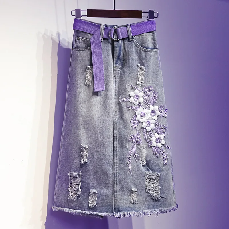 

Ozhouzhan Spring And Autumn Large Size 200 with Holes Purple Embroidered Stereo Flower Mid-length Denim Skirt Skirt Women's