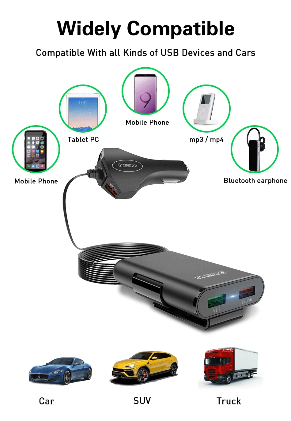QC 3,0 USB Автомобильное зарядное устройство, 4 порта, автомобильное быстрое переднее заднее зарядное устройство, адаптер для путешествий для iPhone huawei, портативное быстрое зарядное устройство для телефона