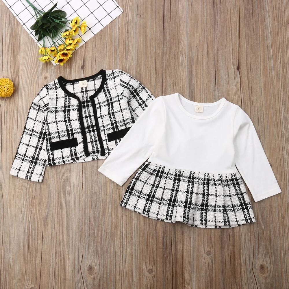 Baby Girls Suits Clothes Sets Spring  Fashion Birthday Long Sleeve Plaid Coat Tops+Dress 2PCS Party Warm Outfit 1-6Y A0014