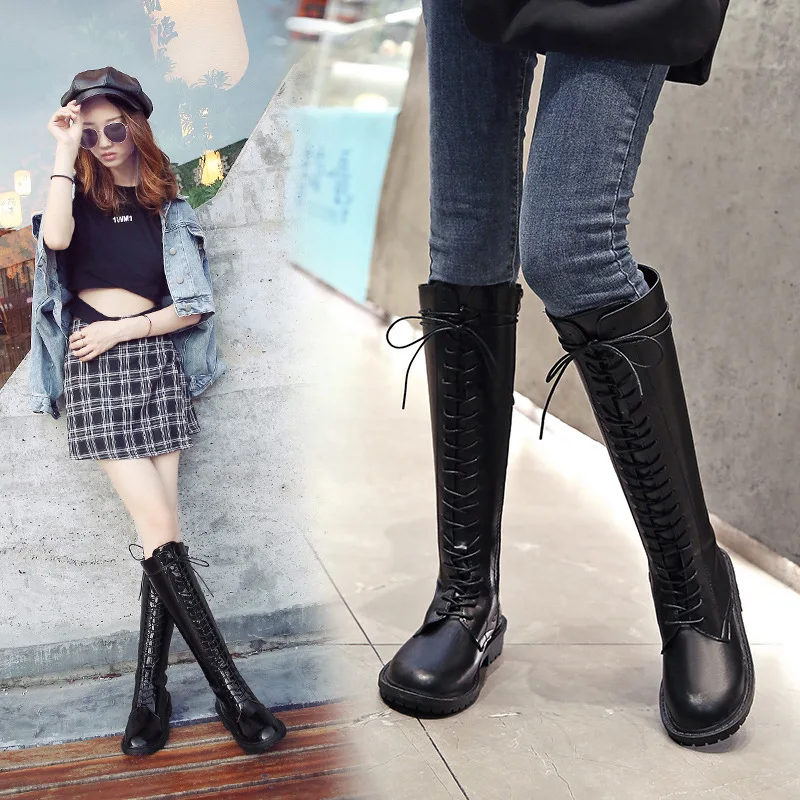 

Chunky-Heel Cross Straps Side Zipper Hose Boots Waterproof Platform Europe And America Biker Boots Women's Semi-high Heeled Warm