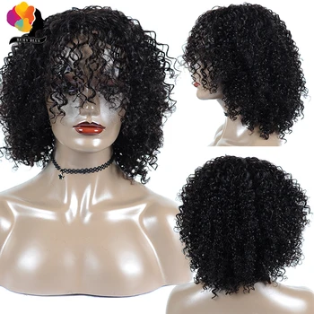 

Remyblue Peruvian Human Hair Wigs Natural Black Curly Human Hair Bob Wigs with Bang Remy Machine Made Hair Wig for Black Women