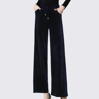 

Velour Women' Pants Fashion Winter New Elastic High Waist Wide Leg Pants Loose Plus Size Ladies Straight Casual Long Trousers