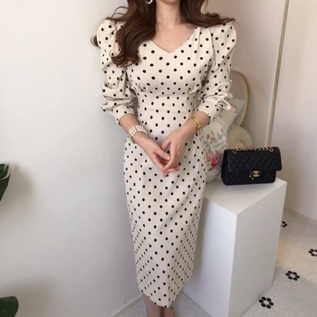

2020 French style Spring autumn Women Casual Polka Dot Print A-Line Party Corduroy Dresses Eleagnt lace-up Slim Dress Fashion