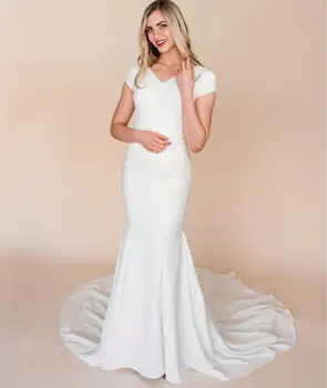 

Simple Stretch Crepe Mermaid Modest Wedding Dress With Cap Sleeves V Neck Corset Back Simple Modest Wedding Gowns With sleeves