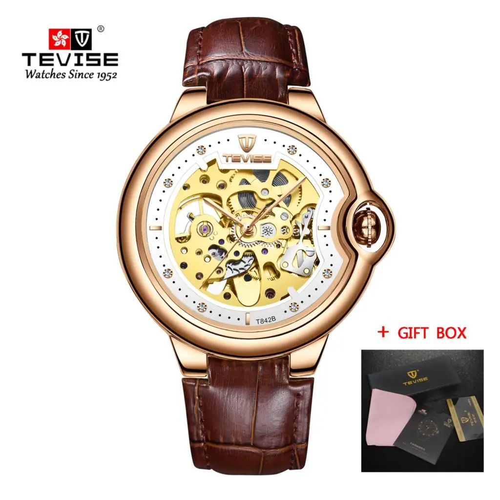 leather rose white Tevise Топ бренд для мужчин s часы автоматические механические часы полый Скелет Tourbillon наручные часы для мужчин Relogio Masculino - Цвет: leather rose white