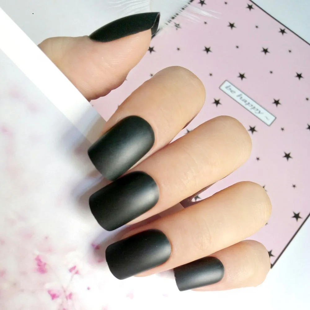 

Artificial Fake Nails Matte Black Acrylic False Nails Full Cover Press On Nail Lady DIY Nail Art Manicure Tool 24Pcs L