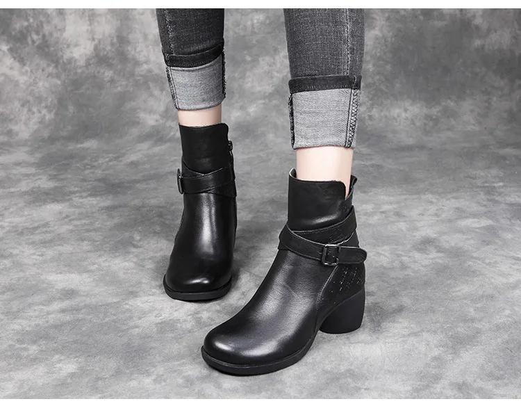 New Women Winter Snow Boots Mid-Calf Solid Thick High Heels Genuine Leather Shoes Women Warm Plush Boots Ladies