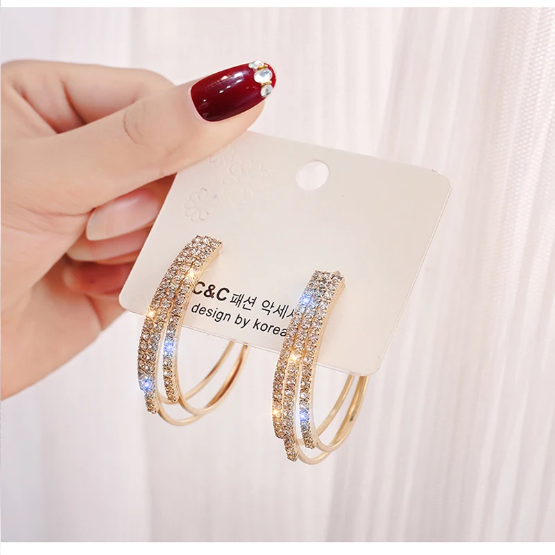 С украшением в виде кристаллов золотые серьги в виде колец, роскошная круглая серьга круга для Для женщин ювелирные изделия петля преувеличенный кольца для ушей - Metal Color: Gold