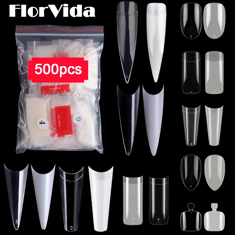 500 Tips Kit Bagged Fake Nails Full Half French Acrylic ABS For Manicure Fingers Toes Set C Smile Sharp 10 Sizes