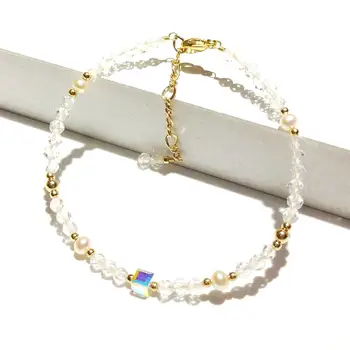 

Lii Ji 3mm Clear Quartz Freshwater Pearl Austrian Crystal Cube Bead Sparkling Bracelet American 14K Gold Filled Bracelet 17+3cm