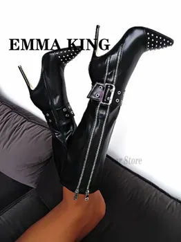 

Sexy Women Black Stiletto Heels Knee High Boots Rivets Studded Belt Double Row Zipper Design High Heels Long Boots Women Shoes