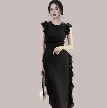 

2020 summer round neck sleeveless party dress women fashion black ruffle mid calf length dress vestidos r266