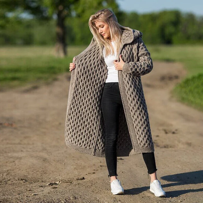 

Fall and Winter 2020 Casual Solid Gray Cardigan Women Hooded Long Knitted Coats Female Oversized Plus Size Overcoats Outwear
