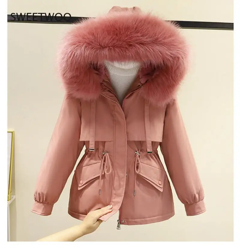 Cotton Padded  2Xl Winter Big Fur Jacket Women Loose Slim Warm Hooded Parka Coat Down Jacket 2022