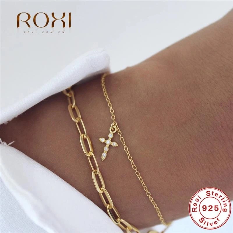ROXI Gold Chain Crystals Cross Bracelets for Women 925 Sterling Silver Jewelry Ins Prata 925 Original Bracelets Bangles Pulsera charm bracelets