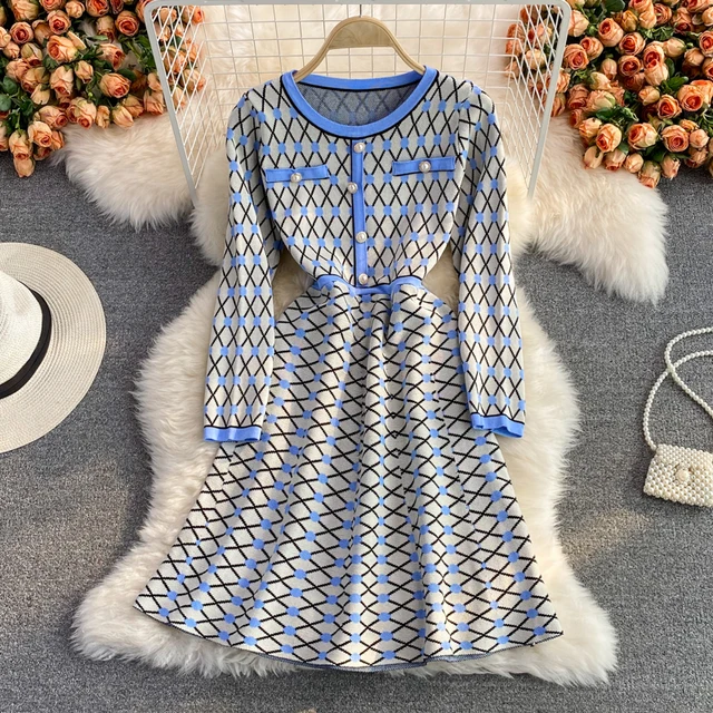 Houndstooth Autumn Winter O-Neck Long Sleeve Knitted Dress Women's Slim Waist Pearl Buttons Fashion Bright Shinny Outfit Vestido gray