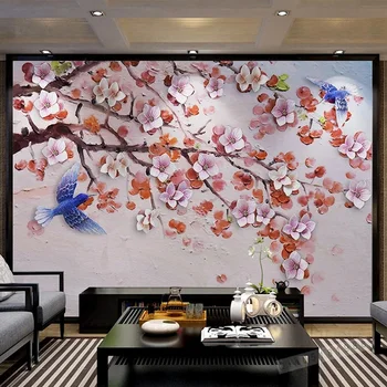 

Custom Self-Adhesive Wallpaper Chinese Style 3D Stereo Relief Peach Blossoms Flowers And Birds Murals Living Room Study Stickers