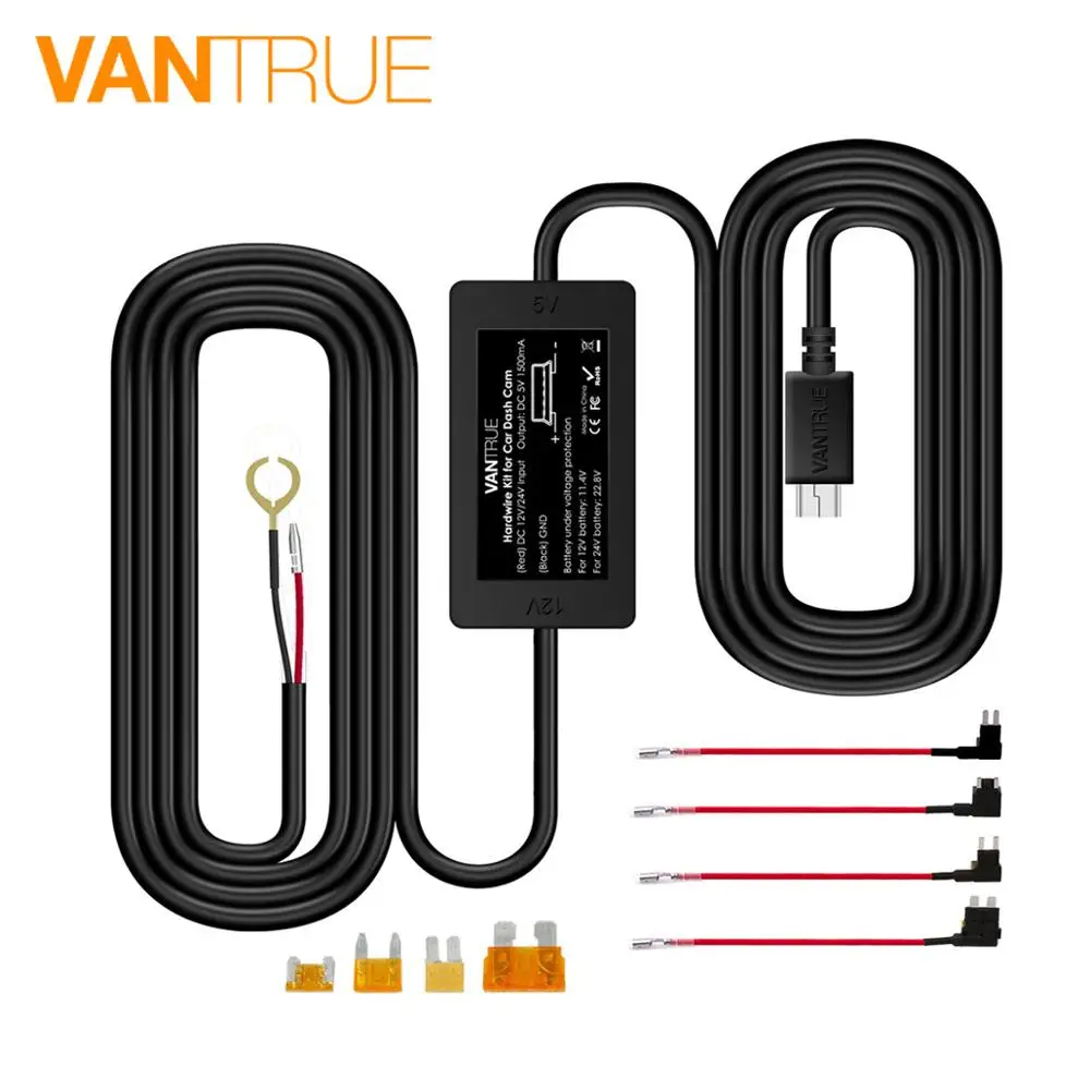 VANTRUE Dash Cam комплект жестких дисков-12/24 V to 5V Mini-USB и схема предохранители патрон предохранителей, низкая Напряжение защита для N2 Pro/N2/X4/T2/N1 Pro/X3