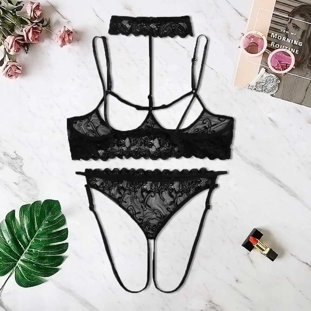 

2PCs M-6XL Women Lingerie Sets Solid Lace Bandage Bra Open Thongs Underwear Set кружевные трусики ensemble sous vetement femme H