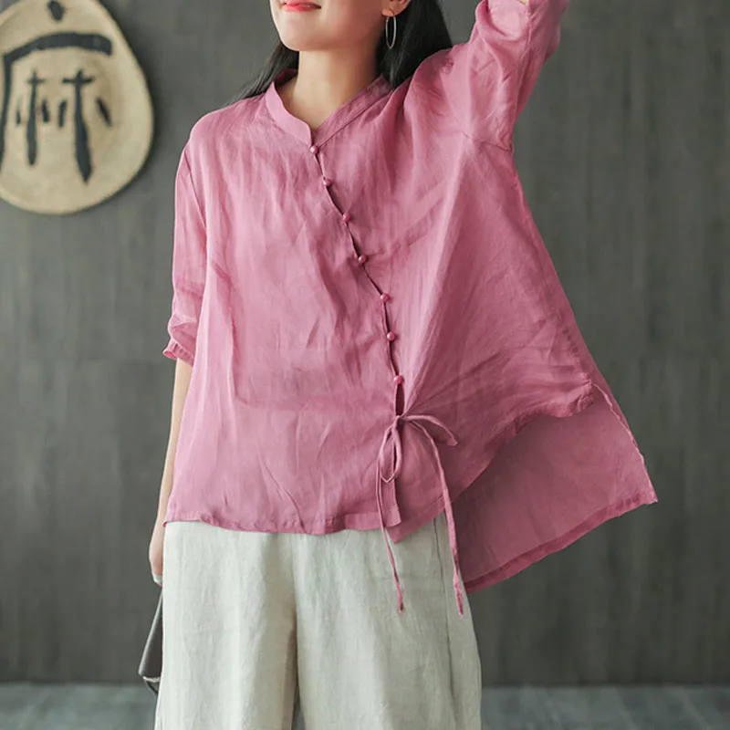 Johnature 2020 Summer New 4 Color Leisure Retro Stand Half Sleeve Irregular Shirt Cotton Linen Comfortable All-match Women Tops |