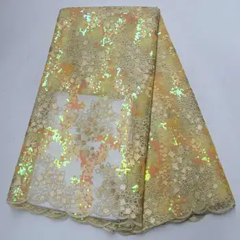 

Yellow color High Quality African Sequins Tulle Net Lace Fabric 5 yards 2019 Fashion Embroidered french tulle lace fabrics XDE01