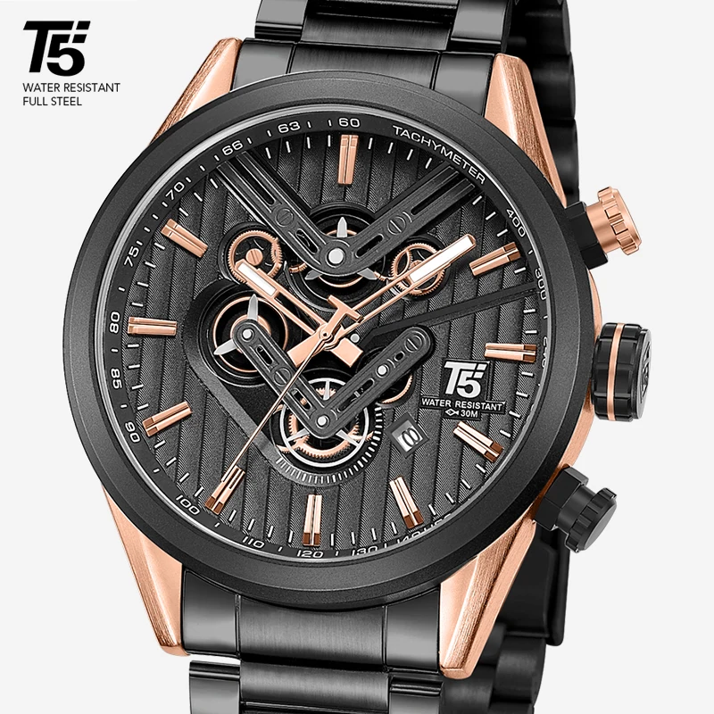 

Luxury Brand Rose Gold Men Black Quartz Chronograph Man Waterproof Skeleton Mens Watch Watches Relogio Masculino Wristwatch