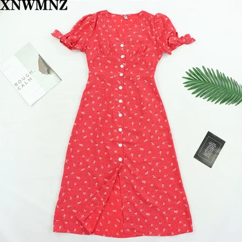 

2020 New Fashion women V-neck Puff Sleeve Floral Printed dress Single-breasted lady red midi Dress Summer boho Vintage dresses