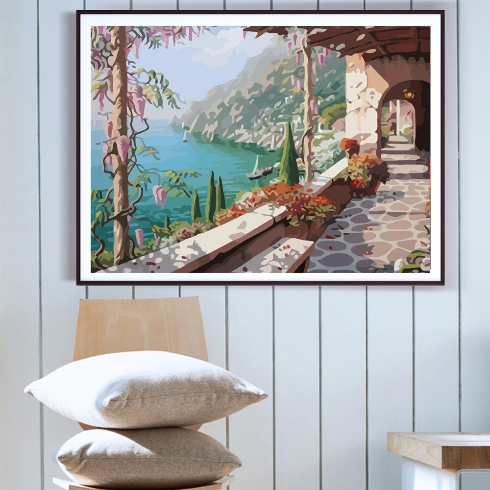 AZQSD Adult Paint By Numbers Landscape DIY Unframe Decoration Acrylic Paint Coloring By Numbers On Canvas Town Unique Gift