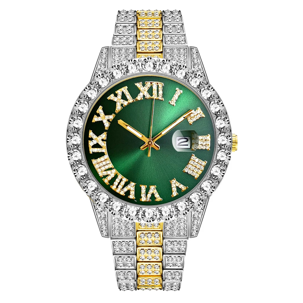 2 Pcs Watch+bracelet Hip Hop Stainless Steel Gold Color Calendar Watch For Men Iced Out Paved Rhinestones Men Watch Reloj Hombre 