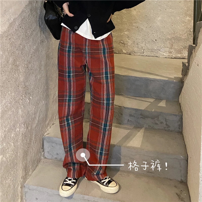 

Wide Leg Pants Ladies Street Casual All-Match Autumn And Winter Plaid High Waist Loose Straight Leg Pants Trousers Guard