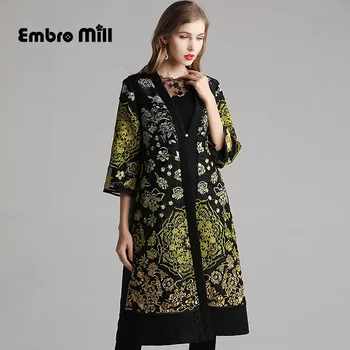 

high quality embroidery Coat Indie Folk Style V-neck Bell sleeve Medium and long section autumn women's Coat plus size M-3XL